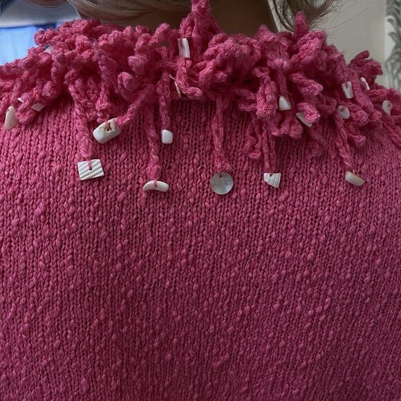 Vtg Cardigan Sweater Pink Fringe Mother Of Pearl Barbiecore Coquette feminine L - Picture 8 of 14